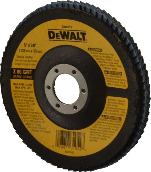 DeWALT - 80 Grit, 5" Disc Diam, 7/8" Center Hole, Type 29 Zirconia Alumina Flap Disc - 12,200 Max RPM, Fiberglass Backing, Arbor Attaching System, Coated - Exact Tooling