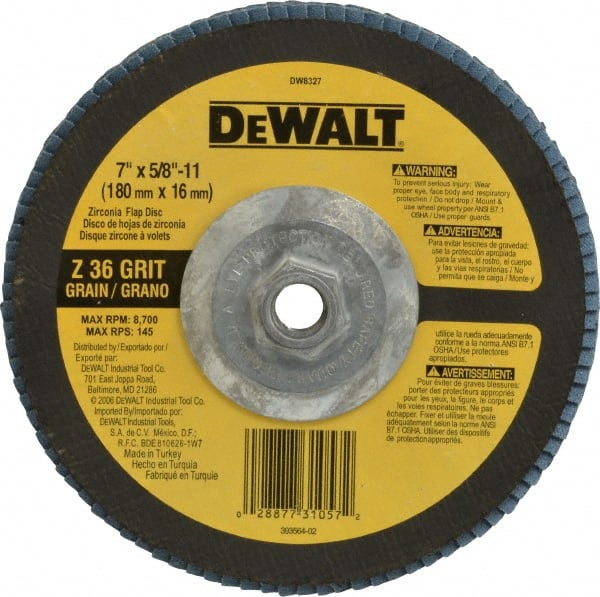 DeWALT - 36 Grit, 7" Disc Diam, 5/8-11 Center Hole, Type 29 Zirconia Alumina Flap Disc - 8,700 Max RPM, Fiberglass Backing, Arbor Attaching System, Coated - Exact Tooling
