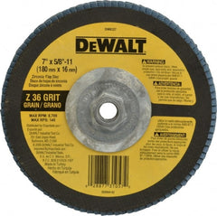 DeWALT - 36 Grit, 7" Disc Diam, 5/8-11 Center Hole, Type 29 Zirconia Alumina Flap Disc - 8,700 Max RPM, Fiberglass Backing, Arbor Attaching System, Coated - Exact Tooling