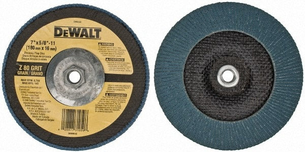 DeWALT - 80 Grit, 7" Disc Diam, 5/8-11 Center Hole, Type 29 Zirconia Alumina Flap Disc - 8,700 Max RPM, Fiberglass Backing, Arbor Attaching System, Coated - Exact Tooling