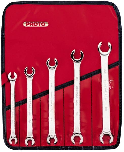Proto - 5 Piece, 7mm x 8mm to 15mm x 17mm, 12 Point Flare Nut Wrench Set - Metric Measurement Standard, Satin Finish, Comes in Pouch - Exact Tooling