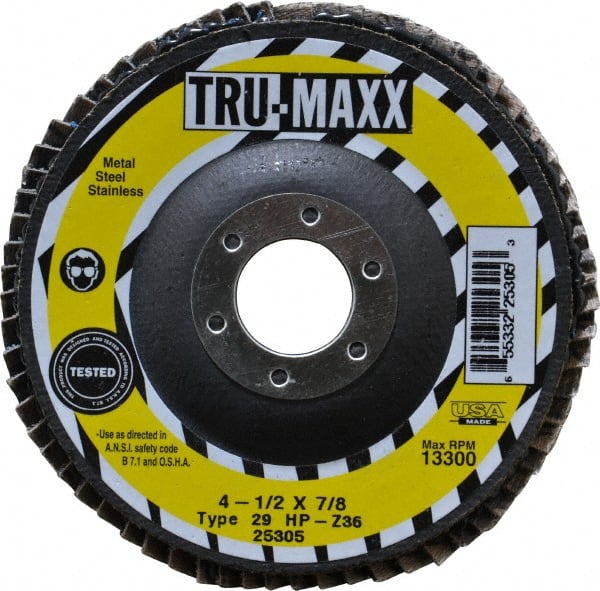 Tru-Maxx - 36 Grit, 4-1/2" Disc Diam, 7/8" Center Hole, Type 29 Zirconia Alumina Flap Disc - 13,300 Max RPM, Arbor Attaching System, Coated - Exact Tooling