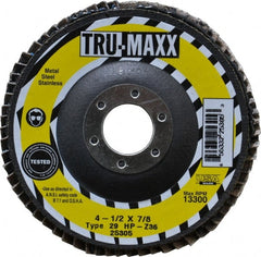 Tru-Maxx - 36 Grit, 4-1/2" Disc Diam, 7/8" Center Hole, Type 29 Zirconia Alumina Flap Disc - 13,300 Max RPM, Arbor Attaching System, Coated - Exact Tooling