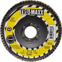 Tru-Maxx - 40 Grit, 4-1/2" Disc Diam, 7/8" Center Hole, Type 29 Zirconia Alumina Flap Disc - 13,300 Max RPM, Arbor Attaching System, Coated - Exact Tooling