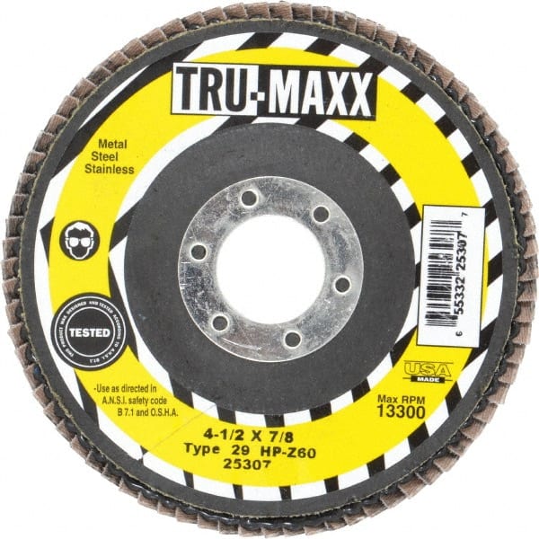Tru-Maxx - 60 Grit, 4-1/2" Disc Diam, 7/8" Center Hole, Type 29 Zirconia Alumina Flap Disc - 13,300 Max RPM, Arbor Attaching System, Coated - Exact Tooling