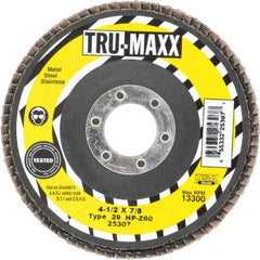 Tru-Maxx - 60 Grit, 4-1/2" Disc Diam, 7/8" Center Hole, Type 29 Zirconia Alumina Flap Disc - 13,300 Max RPM, Arbor Attaching System, Coated - Exact Tooling