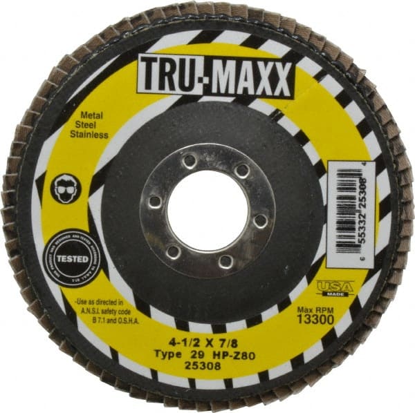 Tru-Maxx - 80 Grit, 4-1/2" Disc Diam, 7/8" Center Hole, Type 29 Zirconia Alumina Flap Disc - 13,300 Max RPM, Arbor Attaching System, Coated - Exact Tooling