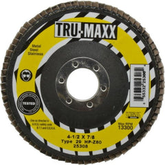 Tru-Maxx - 80 Grit, 4-1/2" Disc Diam, 7/8" Center Hole, Type 29 Zirconia Alumina Flap Disc - 13,300 Max RPM, Arbor Attaching System, Coated - Exact Tooling