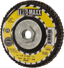Tru-Maxx - 36 Grit, 4-1/2" Disc Diam, 5/8-11 Center Hole, Type 29 Zirconia Alumina Flap Disc - 13,300 Max RPM, Arbor Attaching System, Coated - Exact Tooling