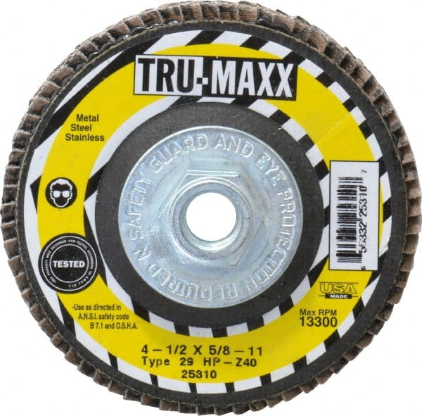 Tru-Maxx - 40 Grit, 4-1/2" Disc Diam, 5/8-11 Center Hole, Type 29 Zirconia Alumina Flap Disc - 13,300 Max RPM, Arbor Attaching System, Coated - Exact Tooling