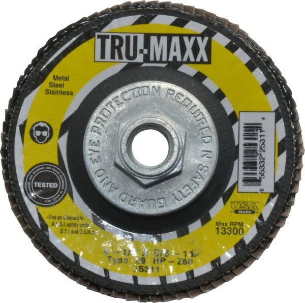 Tru-Maxx - 60 Grit, 4-1/2" Disc Diam, 5/8-11 Center Hole, Type 29 Zirconia Alumina Flap Disc - 13,300 Max RPM, Arbor Attaching System, Coated - Exact Tooling