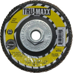 Tru-Maxx - 60 Grit, 4-1/2" Disc Diam, 5/8-11 Center Hole, Type 29 Zirconia Alumina Flap Disc - 13,300 Max RPM, Arbor Attaching System, Coated - Exact Tooling