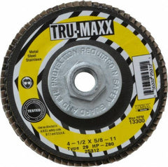 Tru-Maxx - 80 Grit, 4-1/2" Disc Diam, 5/8-11 Center Hole, Type 29 Zirconia Alumina Flap Disc - 13,300 Max RPM, Arbor Attaching System, Coated - Exact Tooling