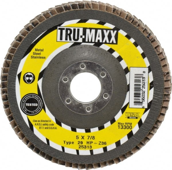 Tru-Maxx - 36 Grit, 5" Disc Diam, 7/8" Center Hole, Type 29 Zirconia Alumina Flap Disc - 12,200 Max RPM, Arbor Attaching System, Coated - Exact Tooling