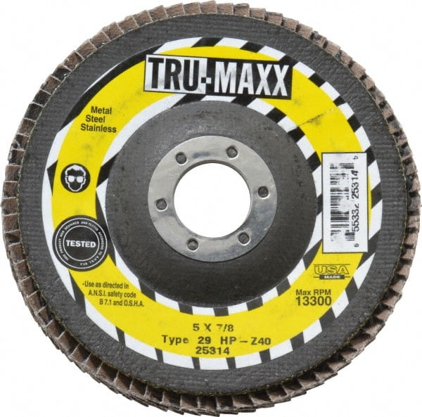 Tru-Maxx - 40 Grit, 5" Disc Diam, 7/8" Center Hole, Type 29 Zirconia Alumina Flap Disc - 12,200 Max RPM, Arbor Attaching System, Coated - Exact Tooling