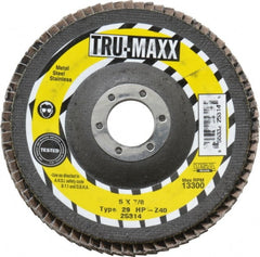 Tru-Maxx - 40 Grit, 5" Disc Diam, 7/8" Center Hole, Type 29 Zirconia Alumina Flap Disc - 12,200 Max RPM, Arbor Attaching System, Coated - Exact Tooling