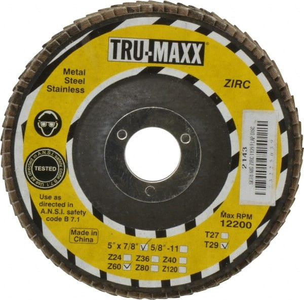 Tru-Maxx - 60 Grit, 5" Disc Diam, 7/8" Center Hole, Type 29 Zirconia Alumina Flap Disc - 12,200 Max RPM, Arbor Attaching System, Coated - Exact Tooling