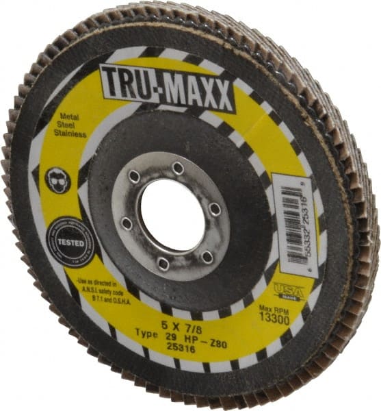 Tru-Maxx - 80 Grit, 5" Disc Diam, 7/8" Center Hole, Type 29 Zirconia Alumina Flap Disc - 12,200 Max RPM, Arbor Attaching System, Coated - Exact Tooling