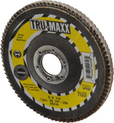 Tru-Maxx - 80 Grit, 5" Disc Diam, 7/8" Center Hole, Type 29 Zirconia Alumina Flap Disc - 12,200 Max RPM, Arbor Attaching System, Coated - Exact Tooling