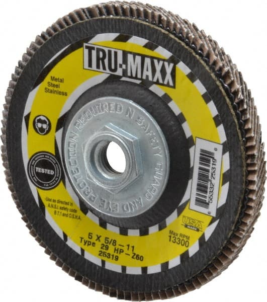 Tru-Maxx - 60 Grit, 5" Disc Diam, 5/8-11 Center Hole, Type 29 Zirconia Alumina Flap Disc - 12,200 Max RPM, Arbor Attaching System, Coated - Exact Tooling
