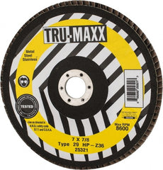Tru-Maxx - 36 Grit, 7" Disc Diam, 7/8" Center Hole, Type 29 Zirconia Alumina Flap Disc - 8,600 Max RPM, Arbor Attaching System, Coated - Exact Tooling