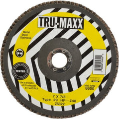 Tru-Maxx - 40 Grit, 7" Disc Diam, 7/8" Center Hole, Type 29 Zirconia Alumina Flap Disc - 8,600 Max RPM, Arbor Attaching System, Coated - Exact Tooling