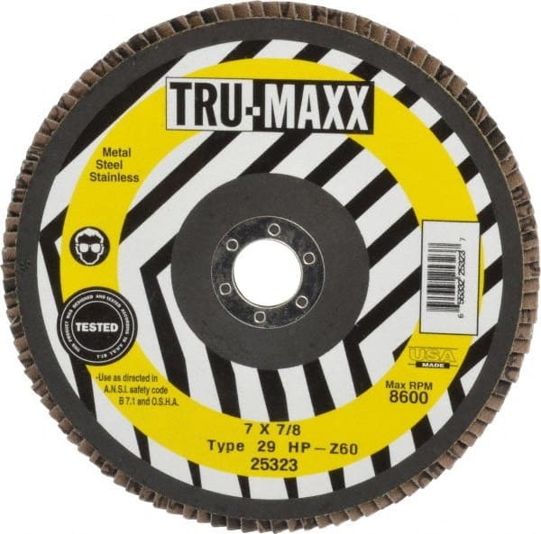 Tru-Maxx - 60 Grit, 7" Disc Diam, 7/8" Center Hole, Type 29 Zirconia Alumina Flap Disc - 8,600 Max RPM, Arbor Attaching System, Coated - Exact Tooling