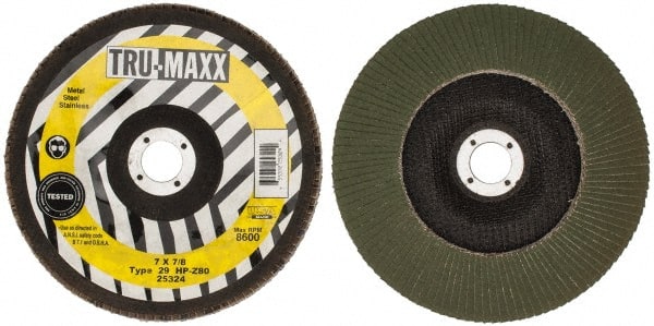 Tru-Maxx - 80 Grit, 7" Disc Diam, 7/8" Center Hole, Type 29 Zirconia Alumina Flap Disc - 8,600 Max RPM, Arbor Attaching System, Coated - Exact Tooling