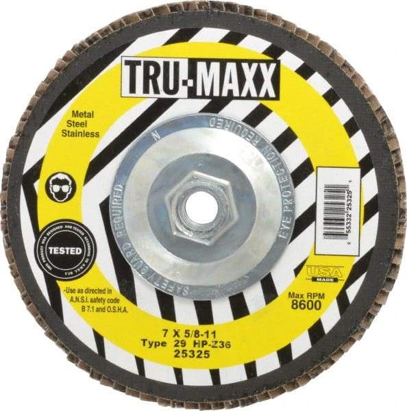 Tru-Maxx - 36 Grit, 7" Disc Diam, 5/8-11 Center Hole, Type 29 Zirconia Alumina Flap Disc - 8,600 Max RPM, Arbor Attaching System, Coated - Exact Tooling