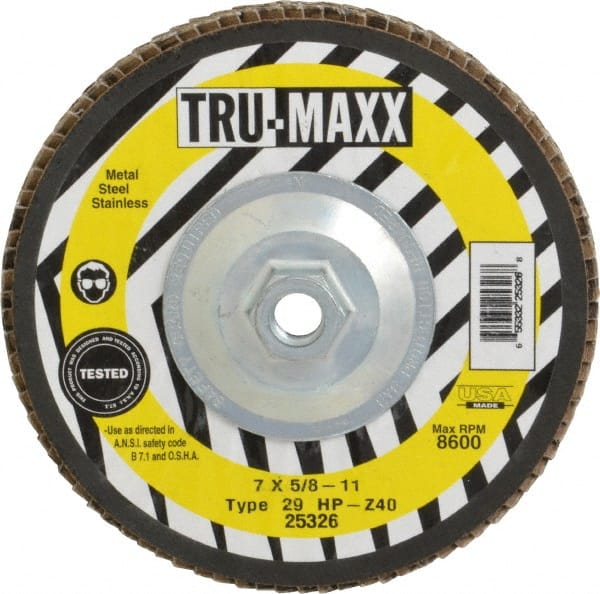 Tru-Maxx - 40 Grit, 7" Disc Diam, 5/8-11 Center Hole, Type 29 Zirconia Alumina Flap Disc - 8,600 Max RPM, Arbor Attaching System, Coated - Exact Tooling
