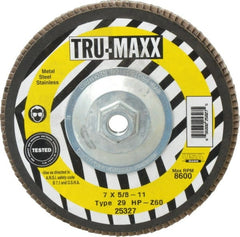 Tru-Maxx - 60 Grit, 7" Disc Diam, 5/8-11 Center Hole, Type 29 Zirconia Alumina Flap Disc - 8,600 Max RPM, Arbor Attaching System, Coated - Exact Tooling