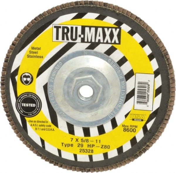 Tru-Maxx - 80 Grit, 7" Disc Diam, 5/8-11 Center Hole, Type 29 Zirconia Alumina Flap Disc - 8,600 Max RPM, Arbor Attaching System, Coated - Exact Tooling
