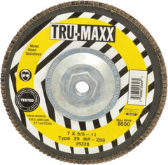 Tru-Maxx - 80 Grit, 7" Disc Diam, 5/8-11 Center Hole, Type 29 Zirconia Alumina Flap Disc - 8,600 Max RPM, Arbor Attaching System, Coated - Exact Tooling