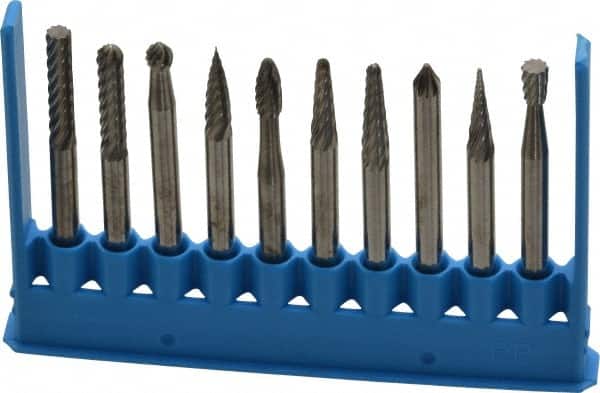 Made in USA - 10 Piece, 1/8" Shank Burr Set - Tungsten Carbide - Exact Tooling