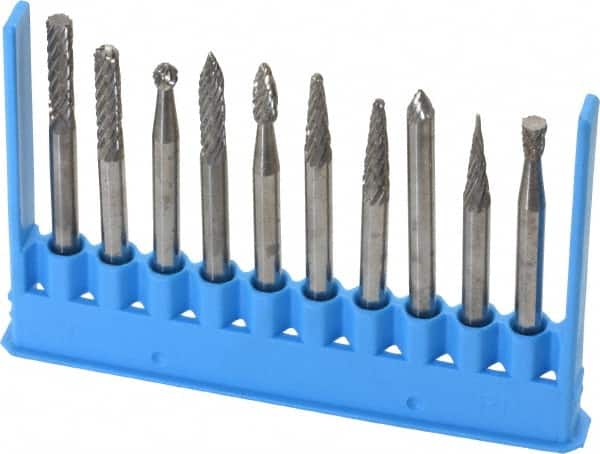Made in USA - 10 Piece, 1/8" Shank Burr Set - Tungsten Carbide - Exact Tooling