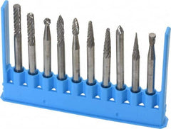 Made in USA - 10 Piece, 1/8" Shank Burr Set - Tungsten Carbide - Exact Tooling