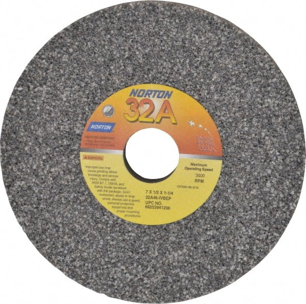 Norton - 7" Diam x 1-1/4" Hole x 1/2" Thick, I Hardness, 46 Grit Surface Grinding Wheel - Aluminum Oxide, Type 1, Coarse Grade, 3,600 Max RPM, Vitrified Bond, No Recess - Exact Tooling