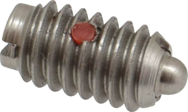 Gibraltar - 5/16-18, 9/16" Thread Length, 1/12" Plunger Projection, Stainless Steel Threaded Spring Plunger - 0.135" Max Plunger Diam, 0.562" Plunger Length, 3.75 Lb Init End Force, 15.5 Lb Final End Force - Exact Tooling