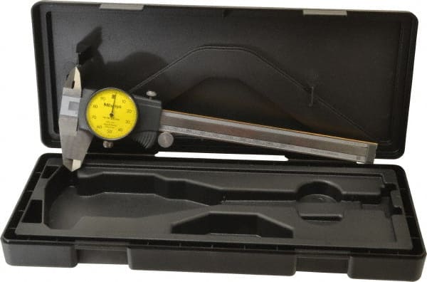 Mitutoyo - 0mm to 150mm Range, 0.01 mm Graduation, 1mm per Revolution, Dial Caliper - Yellow Face, 40mm Jaw Length, Accurate to 0.03mm - Exact Tooling