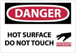 NMC - Accident Prevention Label, Header: DANGER - Legend: Danger - Hot Surface - Do Not Touch, English, Red, Black & White, 5" Long x 3" High, Sign Muscle Finish - Exact Tooling