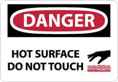 NMC - Accident Prevention Label, Header: DANGER - Legend: Danger - Hot Surface - Do Not Touch, English, Red, Black & White, 5" Long x 3" High, Sign Muscle Finish - Exact Tooling