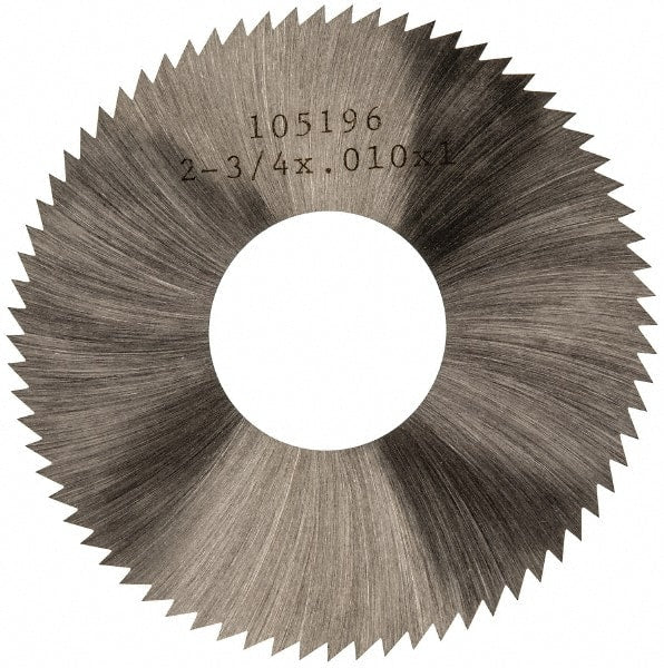 Made in USA - 2-3/4" Diam x 0.01" Blade Thickness x 1" Arbor Hole Diam, 72 Tooth Slitting and Slotting Saw - Arbor Connection, Right Hand, Uncoated, High Speed Steel, Concave Ground, Contains Keyway - Exact Tooling