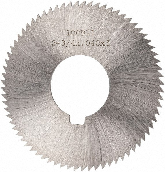 Made in USA - 2-3/4" Diam x 0.04" Blade Thickness x 1" Arbor Hole Diam, 72 Tooth Slitting and Slotting Saw - Arbor Connection, Right Hand, Uncoated, High Speed Steel, Concave Ground, Contains Keyway - Exact Tooling