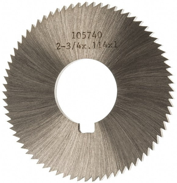 Made in USA - 2-3/4" Diam x 0.114" Blade Thickness x 1" Arbor Hole Diam, 72 Tooth Slitting and Slotting Saw - Arbor Connection, Right Hand, Uncoated, High Speed Steel, Concave Ground, Contains Keyway - Exact Tooling