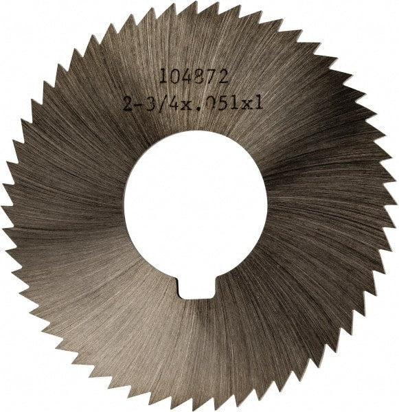 Made in USA - 2-3/4" Diam x 0.051" Blade Thickness x 1" Arbor Hole Diam, 56 Tooth Slitting and Slotting Saw - Arbor Connection, Right Hand, Uncoated, High Speed Steel, Concave Ground, Contains Keyway - Exact Tooling
