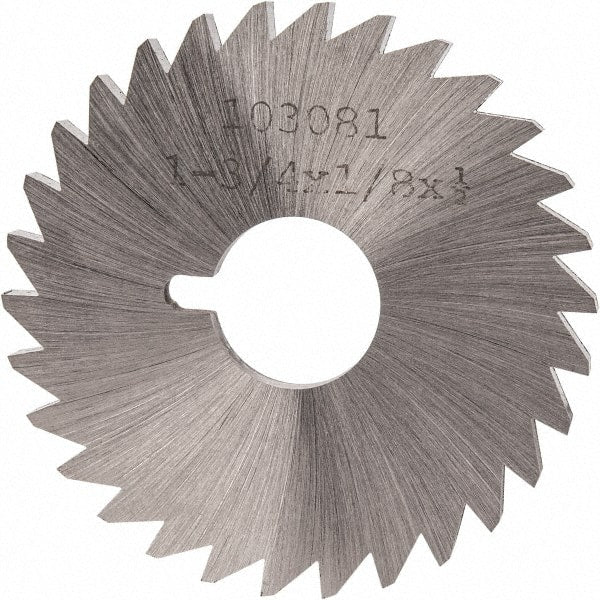 Made in USA - 1-3/4" Diam x 1/8" Blade Thickness x 1/2" Arbor Hole Diam, 30 Tooth Slitting and Slotting Saw - Arbor Connection, Right Hand, Uncoated, High Speed Steel, Concave Ground, Contains Keyway - Exact Tooling