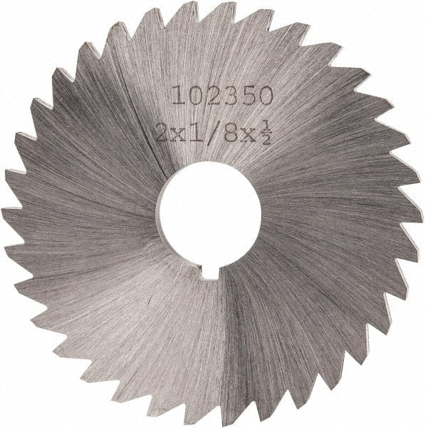 Made in USA - 2" Diam x 1/8" Blade Thickness x 1/2" Arbor Hole Diam, 34 Tooth Slitting and Slotting Saw - Arbor Connection, Right Hand, Uncoated, High Speed Steel, Concave Ground, Contains Keyway - Exact Tooling