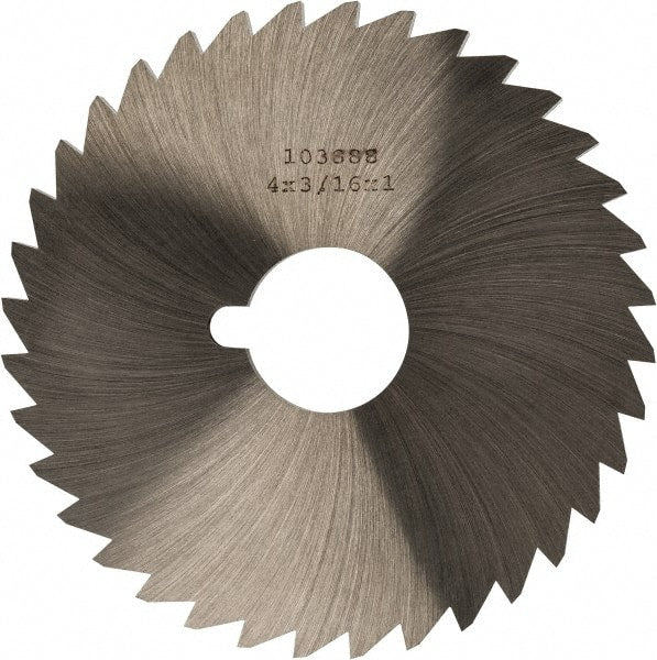 Made in USA - 4" Diam x 3/16" Blade Thickness x 1" Arbor Hole Diam, 36 Tooth Slitting and Slotting Saw - Arbor Connection, Right Hand, Uncoated, High Speed Steel, Concave Ground, Contains Keyway - Exact Tooling
