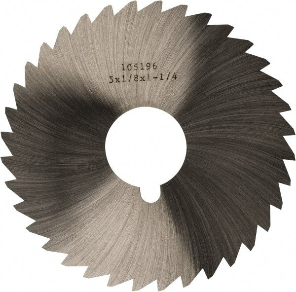 Made in USA - 5" Diam x 1/8" Blade Thickness x 1-1/4" Arbor Hole Diam, 40 Tooth Slitting and Slotting Saw - Arbor Connection, Right Hand, Uncoated, High Speed Steel, Concave Ground, Contains Keyway - Exact Tooling
