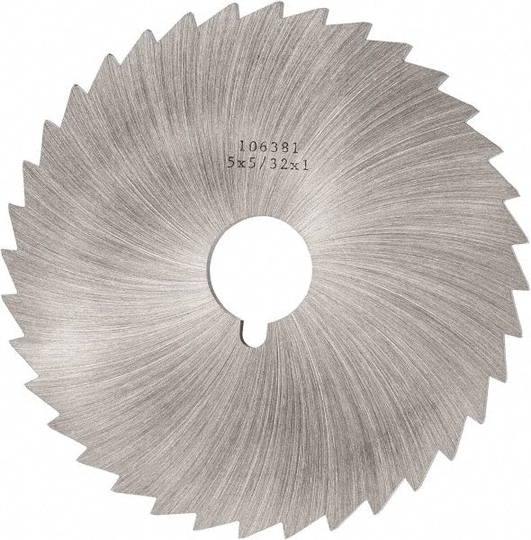 Made in USA - 5" Diam x 5/32" Blade Thickness x 1" Arbor Hole Diam, 36 Tooth Slitting and Slotting Saw - Arbor Connection, Right Hand, Uncoated, High Speed Steel, Concave Ground, Contains Keyway - Exact Tooling